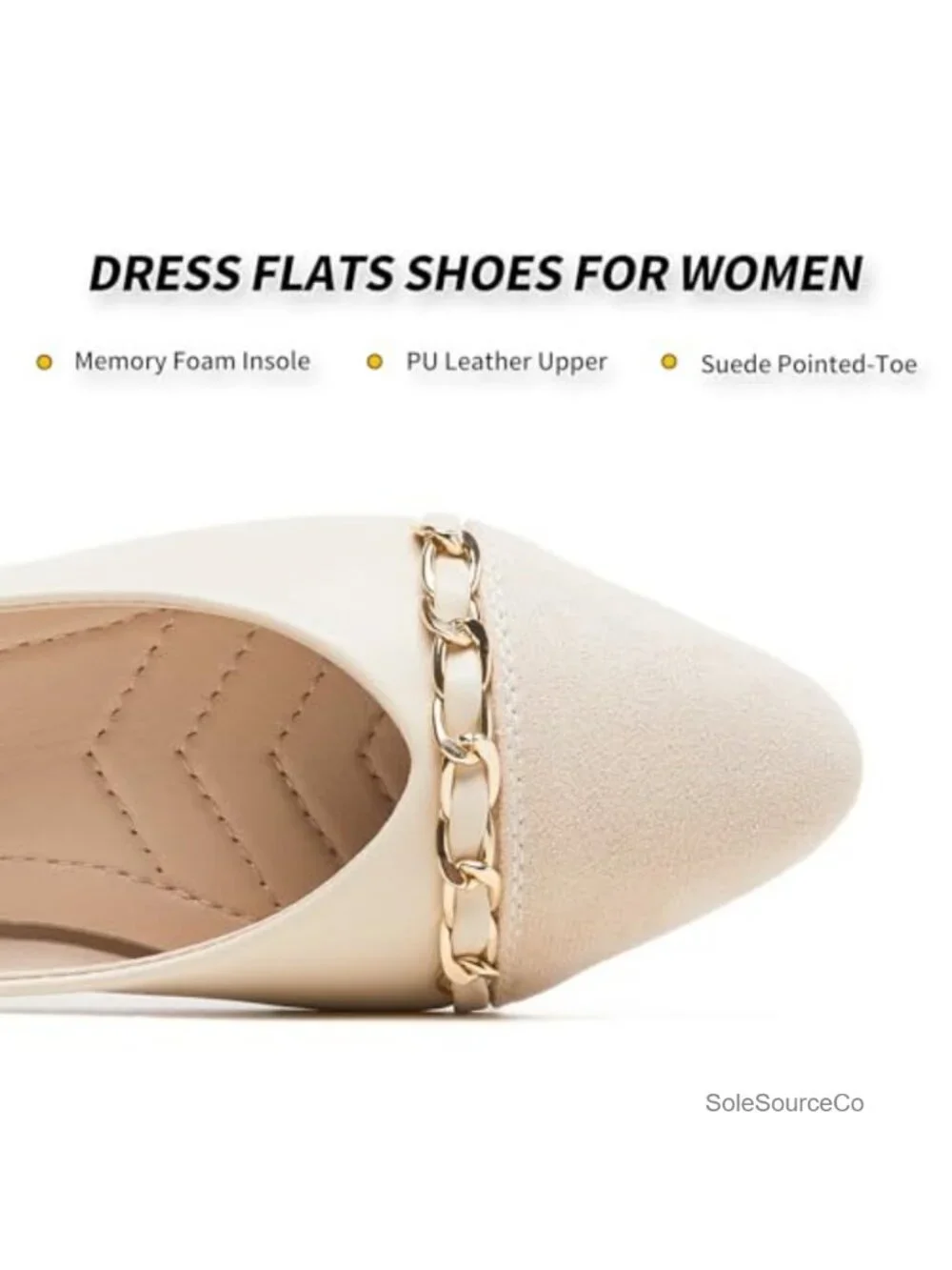 Faux Leather Crimping Ballet Flats with Memory Foam Insole, Pointed Toe Dress